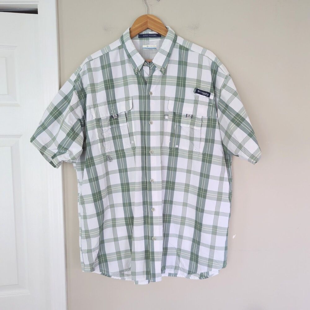 Columbia Men's PFG Vented Plaid Short Sleeve Fishing Button Up Top XL Green